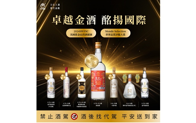台灣之光！金門酒廠超優品質登頂世界五大烈酒競賽連續奪金 共計1特金獎、1雙金牌、15金牌，榮獲世界級肯定，閃耀金實力！